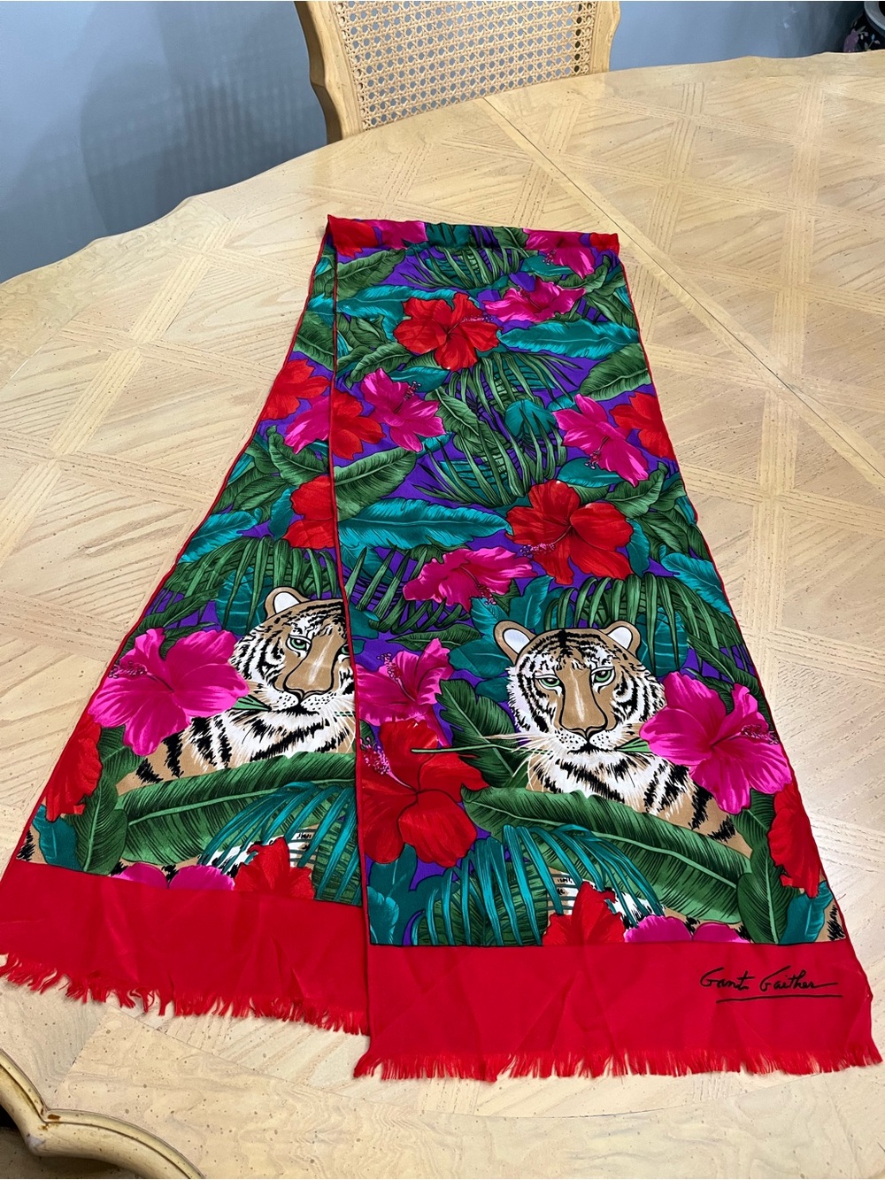 Can’t Gaither Vintage Tropical Tiger Print Red Floral Silk Scarf
